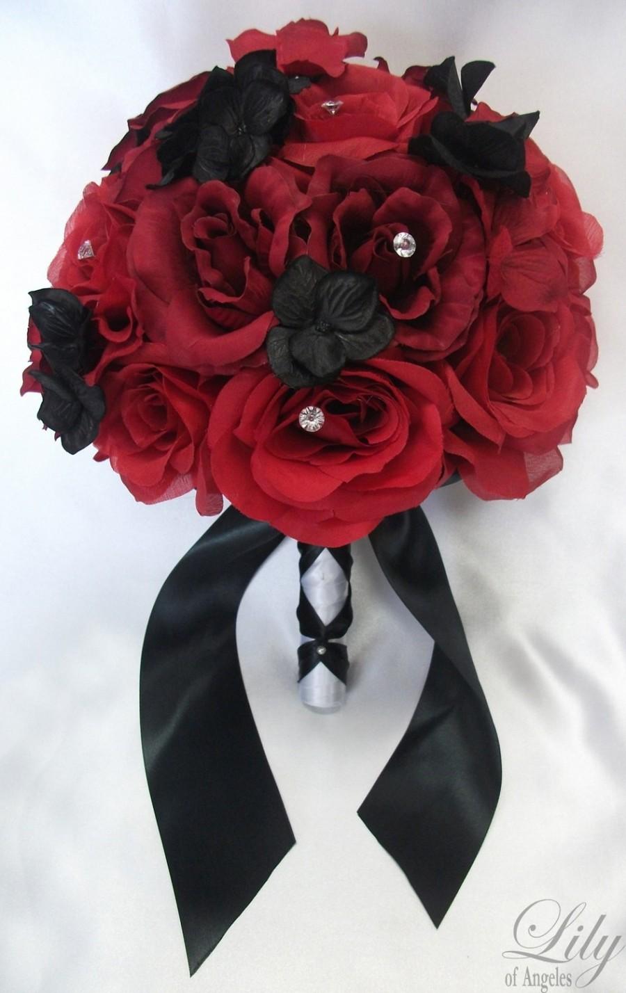 Mariage - 17 Piece Package Wedding Bridal Bride Maid Of Honor Bridesmaid Bouquet Boutonniere Corsage Silk Flower RED BLACK "Lily Of Angeles" REBK03