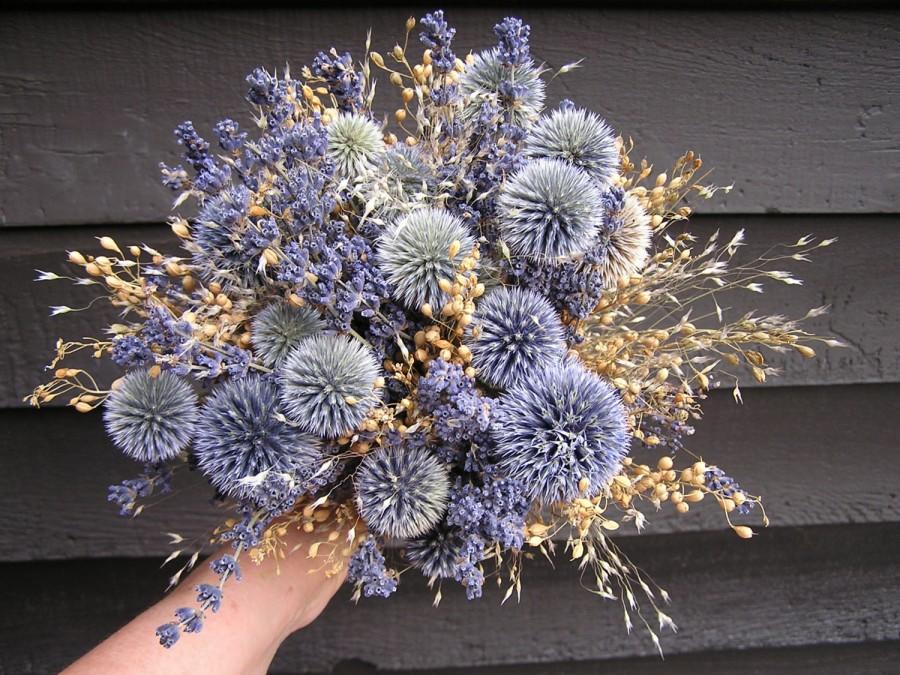 Hochzeit - Rustic Dried Light Blue Wedding Bouquet, Bridal Dried Flowers, Bridesmaids Field Bouquets, Lavender and Blue Globe Thistle Bridal Bouquet