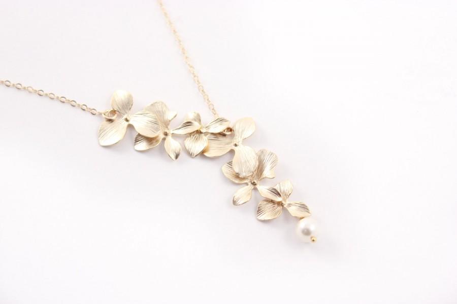 Mariage - Bridal Jewelry Double Orchid Gold Wedding Necklace