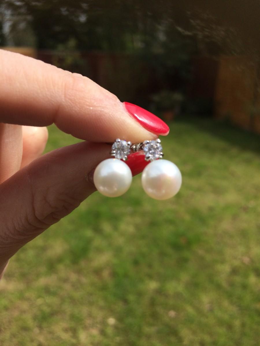 زفاف - Bride pearl and diamond studs ZIRCON pearl stud wedding earrings Classic White Gold CZ studs ivory Freshwater pearl earrings bridal jewelry