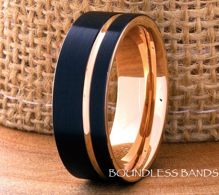 زفاف - Tungsten Ring Black And Rose Gold Wedding Band 8mm Mens Women's His Hers Two Tone Anniversary Promise Engagement Comfort Fit Offset Grooved