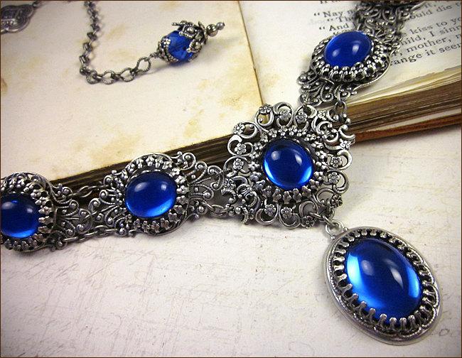Hochzeit - Sapphire Blue Renaissance Necklace, Medieval Jewelry, Tudor Garb, Queen, Italian Renaissance, Ren Faire, Marie Antoinette, Choose Your Color