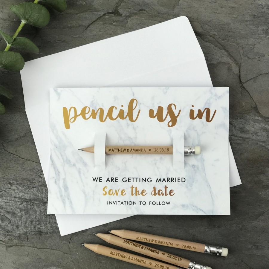 Hochzeit - Save the Dates - Personalised Pencil Us In - Wedding Invitations - Engraved - (Marble, Chalk or Kraft Style Backing card & Envelopes Option)