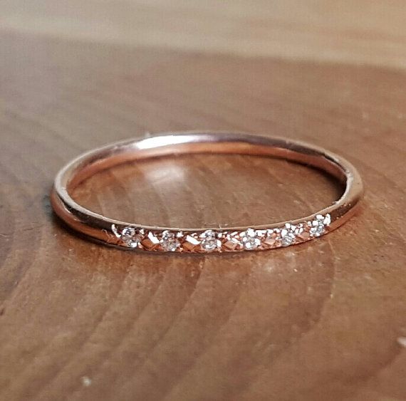 Wedding - 14K Pink Gold Pave Diamond Ring 14K Stacking Rings 14K Rose Gold Band Woman's Ring Gifts For Her Thin Diamond Wedding Band Engagement Ring