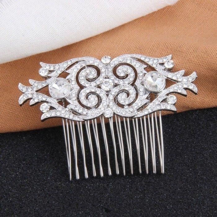 زفاف - Vintage Silver Wedding Comb Crystal Art Deco