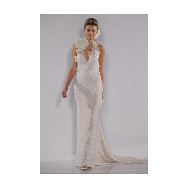 Hochzeit - Pnina Tornai - Fall 2012 - Sleeveless Beaded Halter Sheath Wedding Dress with a Deep V-Neckline and Flower Accent - Stunning Cheap Wedding Dresses