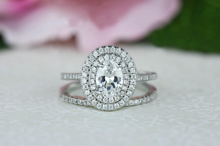 Wedding - 1 ctw Oval Double Halo Ring, Engagement Ring, 3/4 Carat Center, Man Made Diamond Simulants, Wedding Set, Halo Bridal Set, Sterling Silver