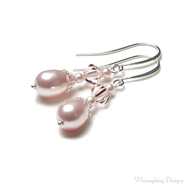 Hochzeit - Rose Chiffon Swarovski Crystal and Pink Pearl Teardrop Silver Wedding Earrings Romantic Bridal Crystal Drop Jewelry Blush Bridesmaid Gifts