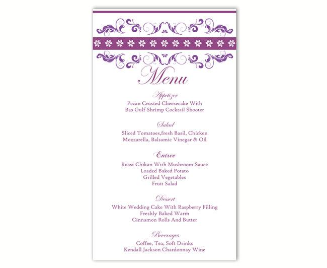 Mariage - Wedding Menu Template DIY Menu Card Template Editable Text Word File Instant Download Purple Menu Eggplant Menu Card Printable Menu 4x7inch - $6.90 USD