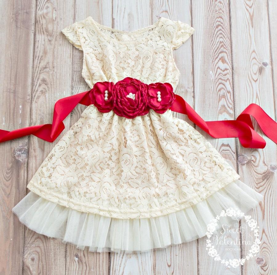 Wedding - Girls Christmas dress, Red Christmas dress, Ivory lace dress,country rustic flower girl dress, flower girl dress , flower girl dress.