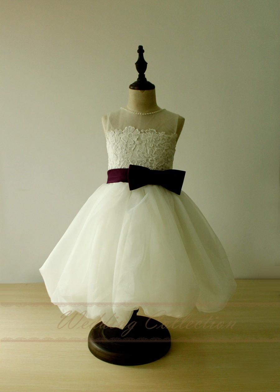 Mariage - Flower Girl Dress Lce Appliques Tulle Bubble Hem with Plum Waistband