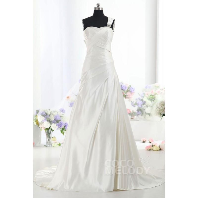 Wedding - Modest One Shoulder Natural Train Taffeta Ivory Sleeveless Zipper With Buttons Wedding Dress with Pleating and Bowknot h1sb0027 - Top Designer Wedding Online-Shop
