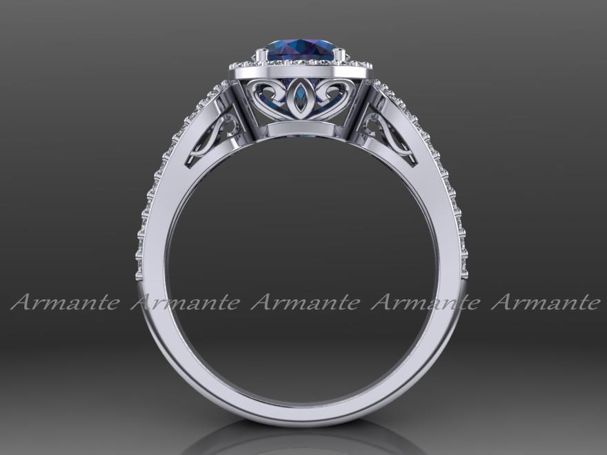 زفاف - Alexandrite Engagement Ring, Halo 14k White Gold Diamond Filigree Wedding Ring Chatham Alexandrite Ring Re00012ax