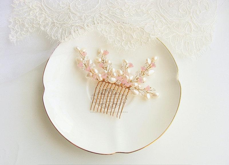 Wedding - Floral Bridal Hairpiece, Gold Wedding Haircomb, Pale Pink Ivory Pearl Flower Bridal Hair Accessory Crystal Beads, Romantic Wedding Hair Comb