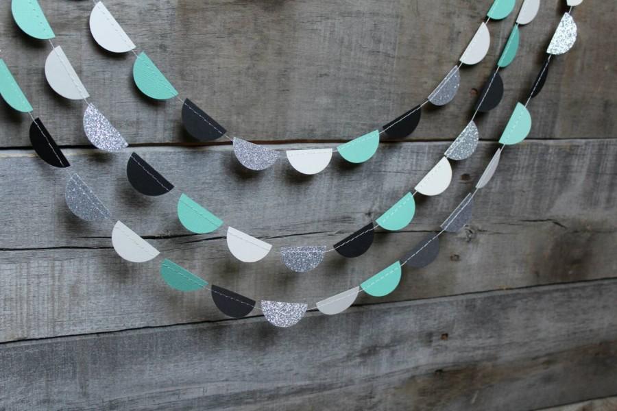 Свадьба - Black White Teal and Silver Wedding Garland, Aqua Bachelorette Party Decoration, Mint Bridal Shower Backdrop, Ivory Blue Baby Shower Bunting