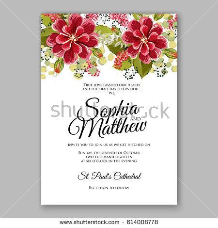 Wedding - Soft red dahlia wedding invitation card printable template with mint greenery Burgundy zinnia menthol leaves