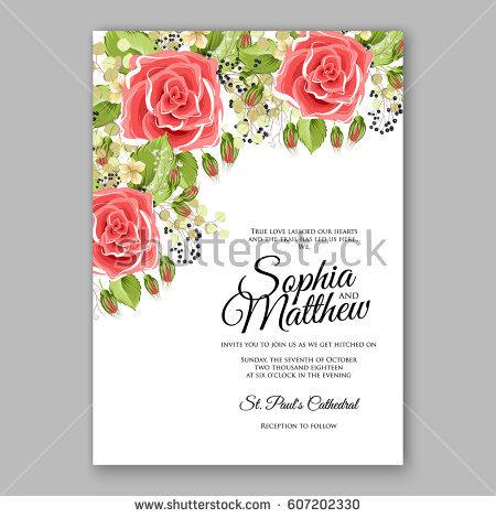 Hochzeit - Red Rose Wedding Invitation Card Bridal Bouquet with Coral Roses, Pink Ranunculus, eucalyptus