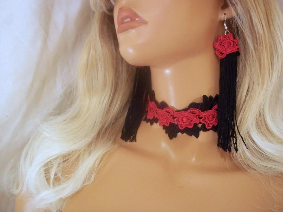 Свадьба - Women's Red & Black Jewelry Set, Red Choker And Earrings, Red And Black Lace Jewelry Set, Prom Jewelry Set, Party Jewelry, Black Rose Choker - $28.00 USD