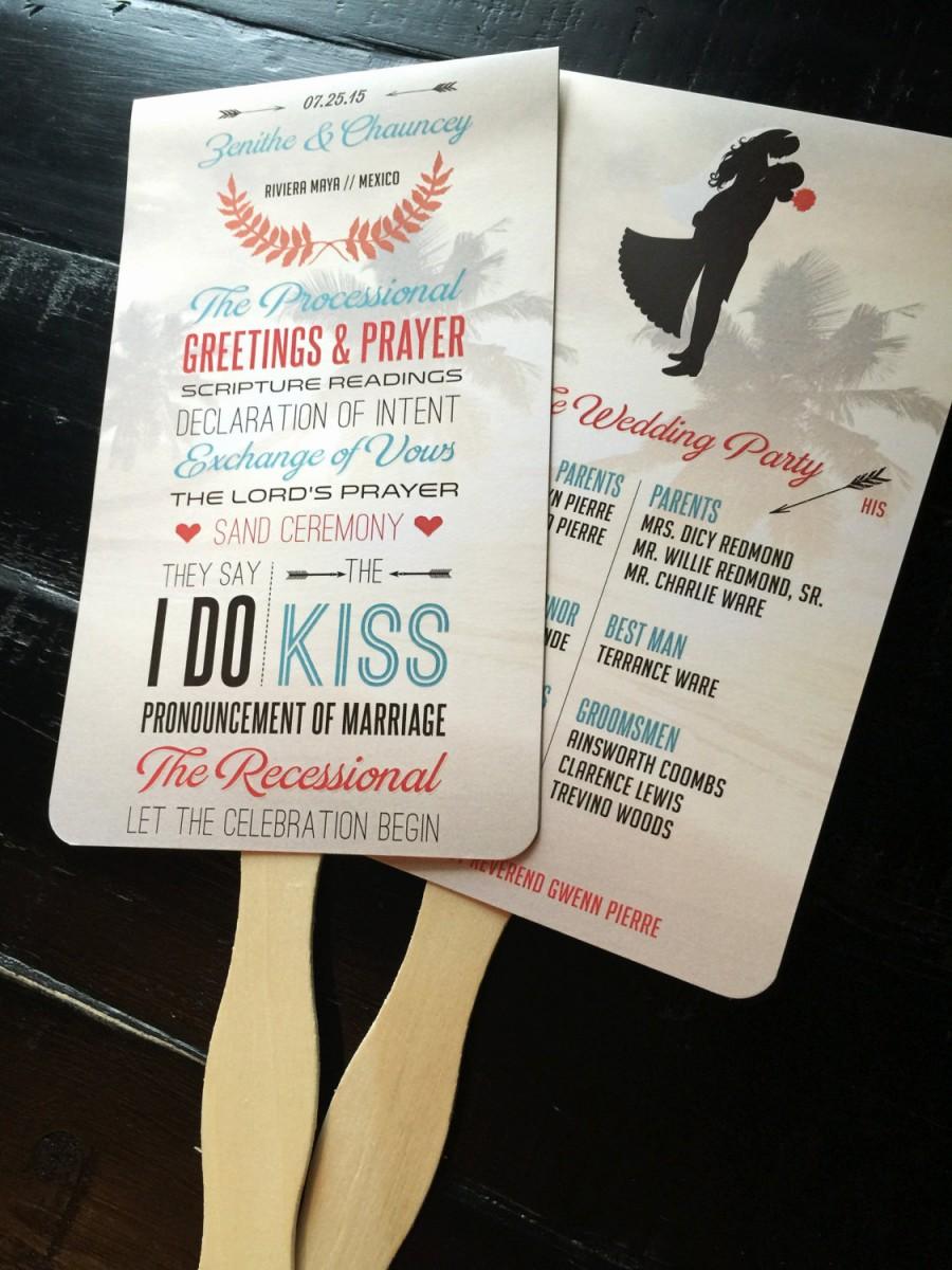 Mariage - Beach Wedding Program Fans; destination wedding, ceremony order of events, itinerary, bridal party, thank you, bride & groom silhouette
