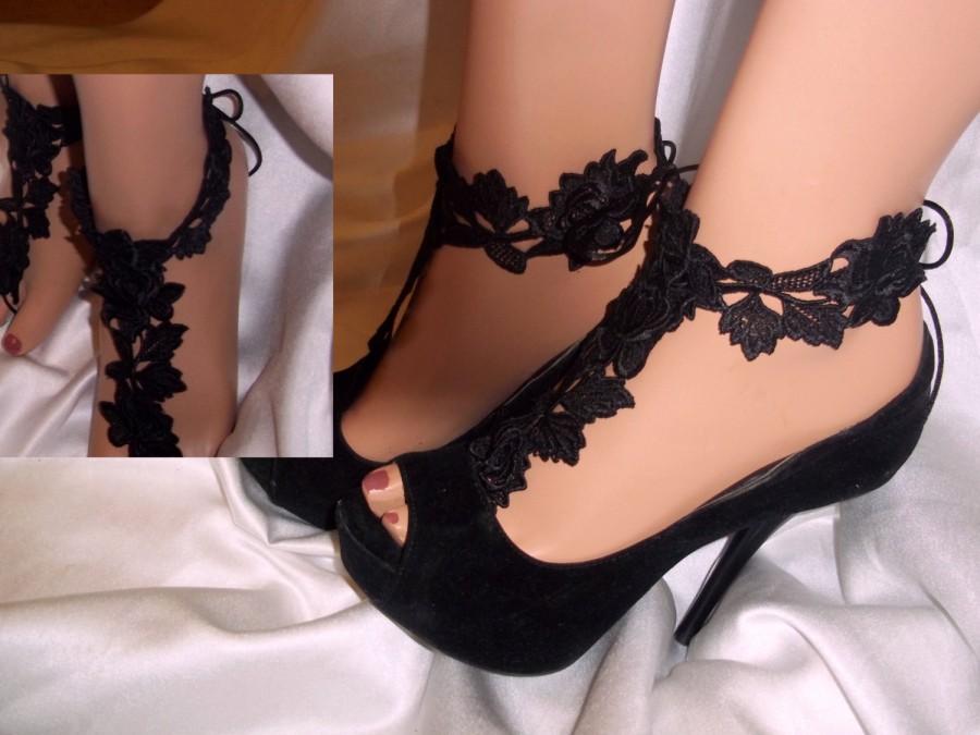 Wedding - Pair of Black Flower Lace Barefoot Sandal Ankle Glams, Barefoot Sandals, Beach Wedding Sandals, Botttomless Sandals, Black Bridesmaid Shoes - $18.99 USD