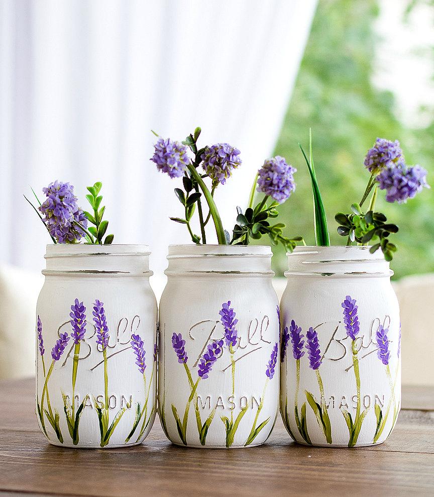Wedding - Lavender Flower Painted Mason Jars - Painted Mason Jars - Lavender Mason Jars - Flower Mason Jars