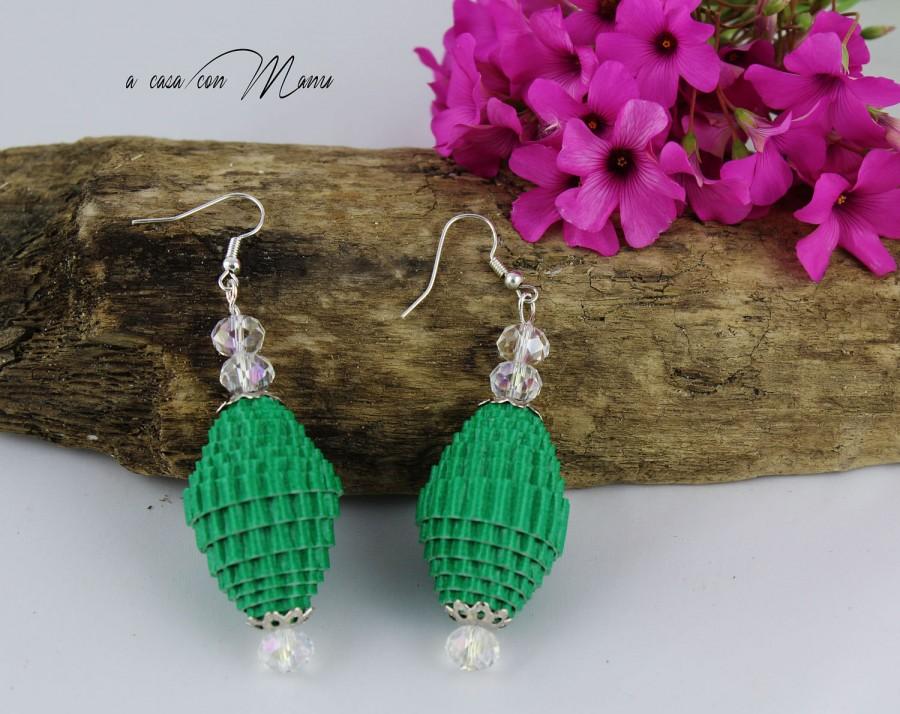 Mariage - Orecchini pendenti con perle di carta, earrings with paper beads, verde, green, gioielli creativi, idea regalo, handmade, made in Italy