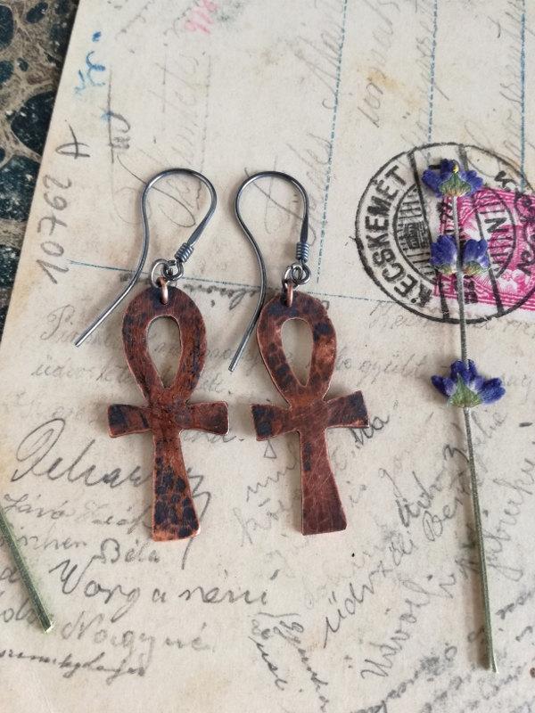Mariage - Ankh Earrings, Egyptian Jewelry, Copper Earrings, Boho Jewelry, Great gifts, Copper Ankh, Gift  for her, Bustani