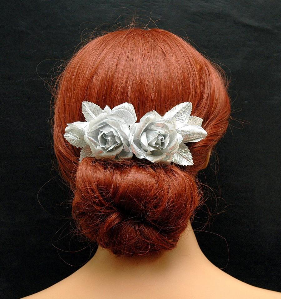 زفاف - Silver Rose Wedding Hair Comb, Vintage Silk Leaf Hair Comb, Rustic Wedding Headpiece, Bridal Flower Hair Comb, Boho Wedding Hair Accessories - $28.00 USD
