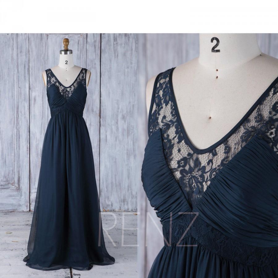 Mariage - 2017 Navy Chiffon Bridesmaid Dress Long Empire, Ruched Bodice Wedding Dress, V Neck Lace Prom Dress, A Line Prom Dress Floor Length (T178)