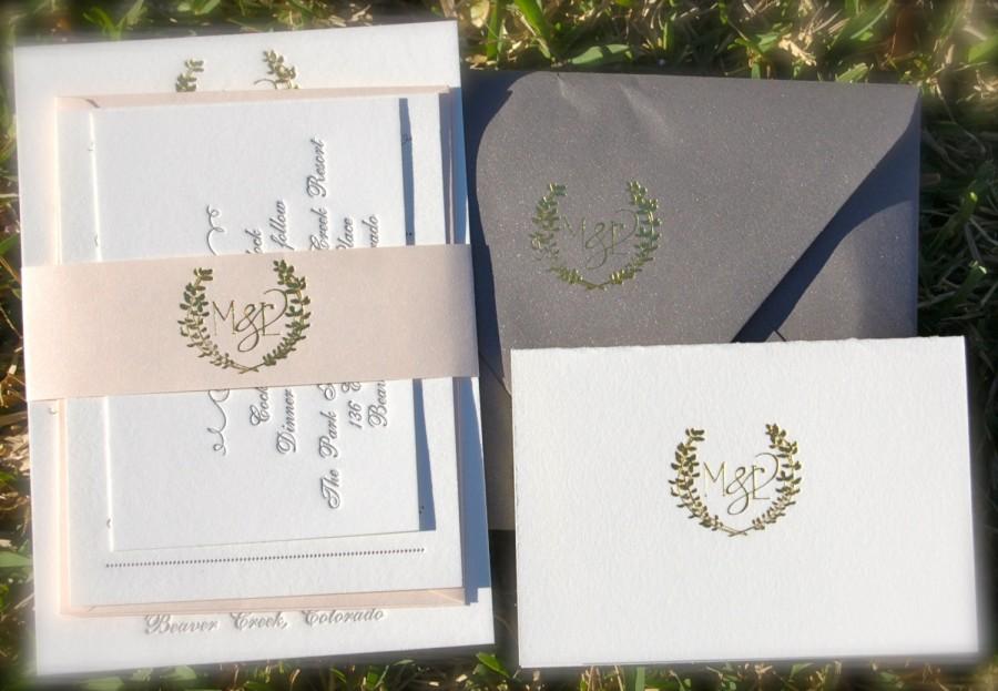 Wedding - Gold Foil Wedding Invitation featuring Letterpress in Gold and Charcoal with a Laurel Monogram