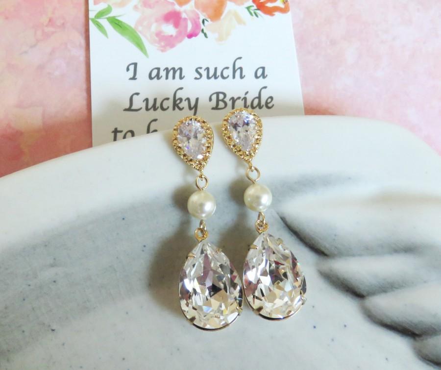 Mariage - Reine - Champagne Gold Swarovski Crystal Earrings, Pearl earrings, gifts for her, sparkly earrings, weddings, bridal, bridesmaid earrings