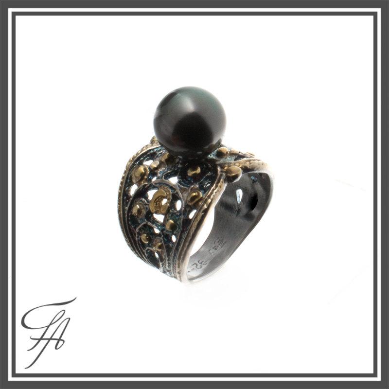 Wedding - Black Tahitian Saltwater Pearl Ring Handmade Sterling Silver Ring Artisan Jewelry Engagement ring,Bridal Ring,Wedding Ring,Gift