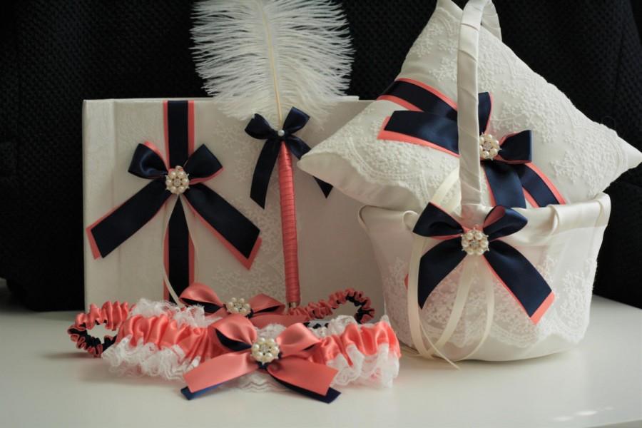 Mariage - Coral Navy Wedding Bearer  Coral Navy Flower Girl Basket  Coral Navy Guest Book with Pen  Coral Navy Garter Set, Coral Ring Bearer Pillow - $28.00 USD