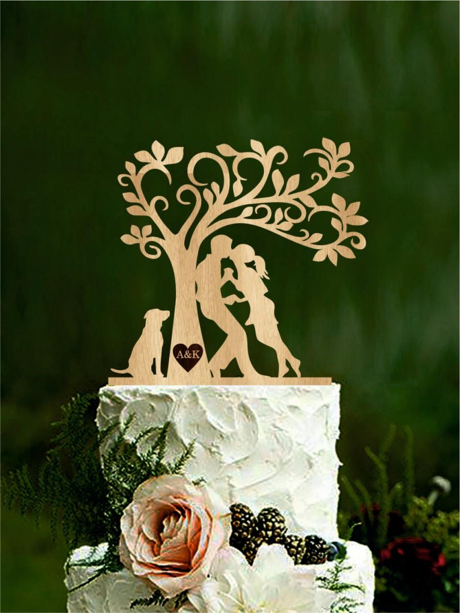 Свадьба - Wedding cake topper, bride and groom with dog, silhouette cake topper with initials, mr & mrs, tree rustic cake topper