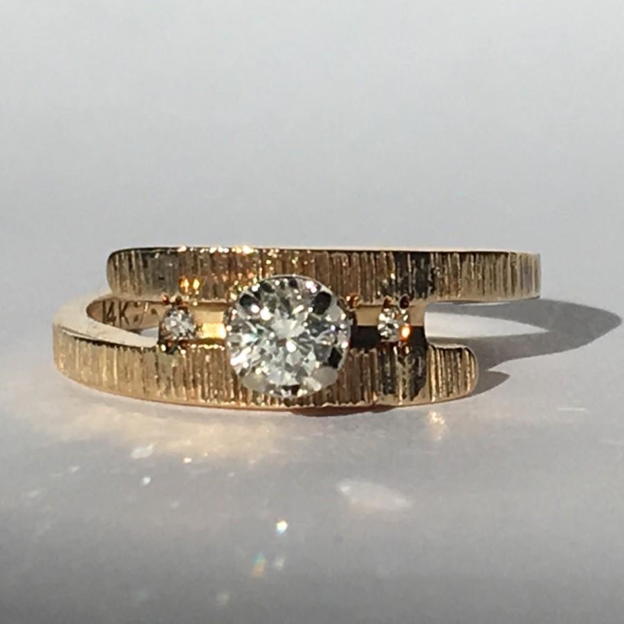 Wedding - Vintage Diamond Engagement Ring. 14K Gold. 5 Diamonds in Brushed Gold Setting. Unique Engagement Ring. April Birthstone. 10 Year Anniversary
