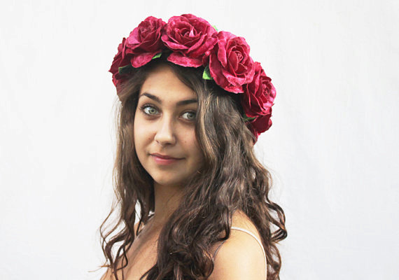 Hochzeit - Velvet Rose Flower Crown, Rose Crown, Flower Headpiece, Magenta, Pink, Large Red Rose Crown, Rose Headdress, Rose Headpiece, Bohemian, Boho