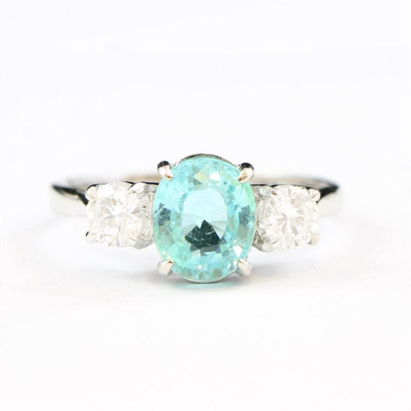 زفاف - Paraiba tourmaline and diamond three stone trilogy engagement ring in 18 carat white gold vintage for her