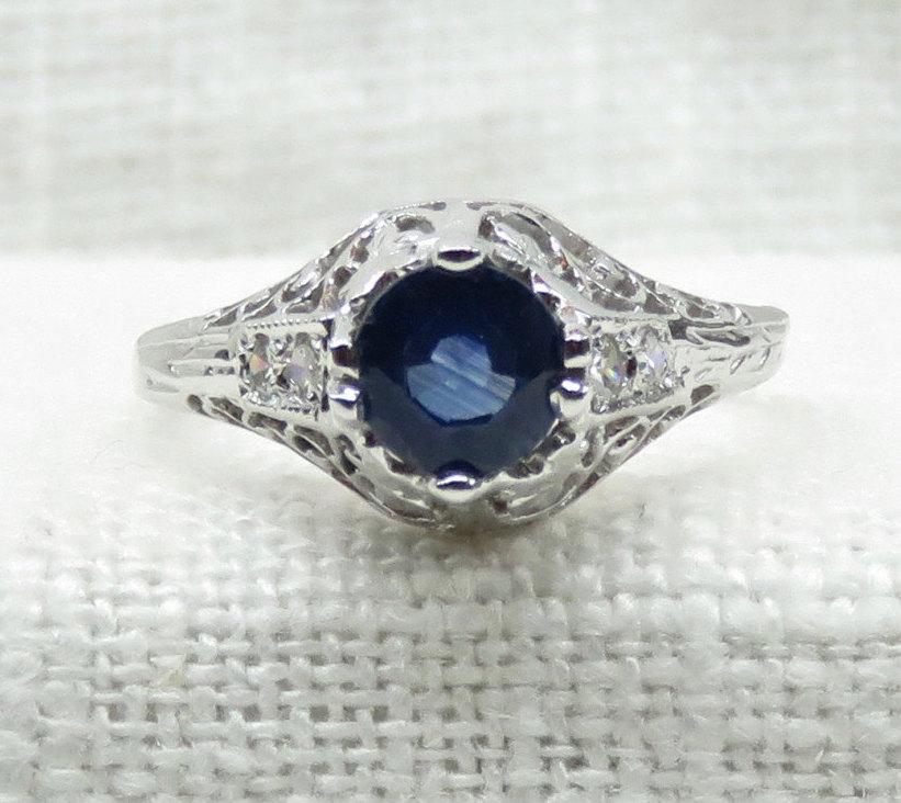 زفاف - Art Deco Style 14k Gold Blue Sapphire and Diamond Engagement Ring .74 Carats