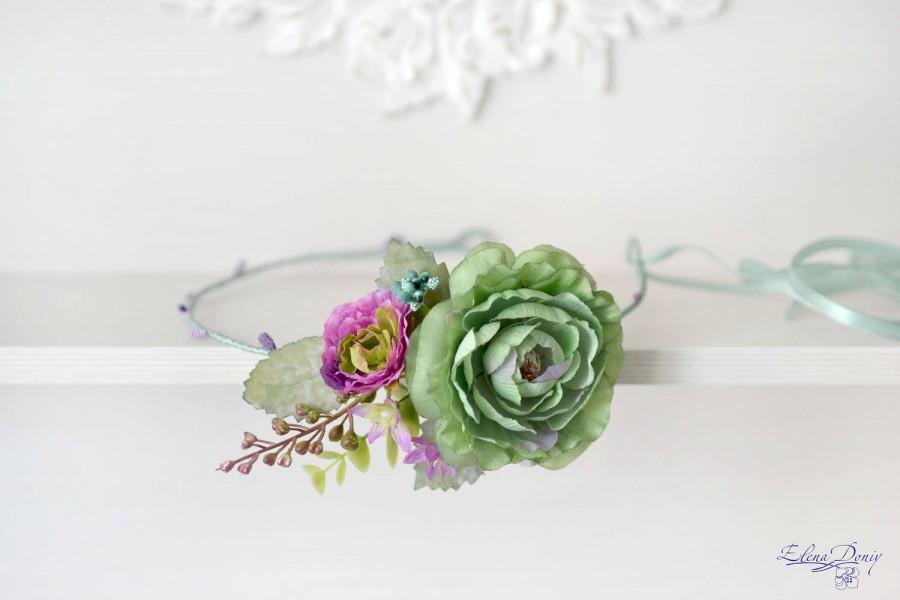 Hochzeit - Wedding headband flower green mint head wreath purple green crown Boho bridal crown Summer wedding flowers accessories hair Crown mint - $37.00 USD