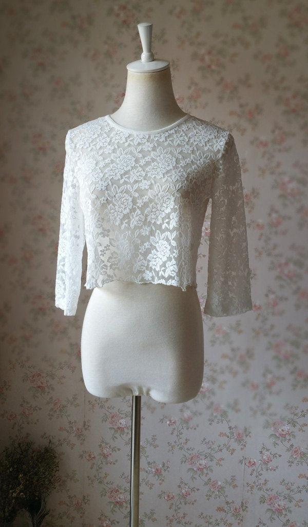 Mariage - Rustic WEDDING TOP Crop Lace Wedding Tops Ivory White Wedding Topper Bridesmaids Tops, Women's lace crop top, Alternative Wedding  (WT13)