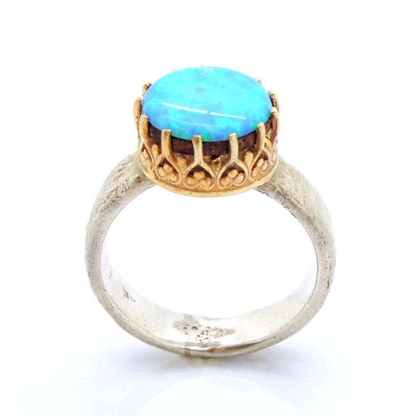 زفاف - Opal ring set in a gold lace and sterling silver hammered band