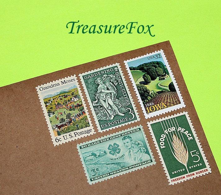 Mariage - Green Acres .. Unused Vintage US Postage Stamps .. Enough to mail 5 letters. Country living, food for thought, vegetables, Television show