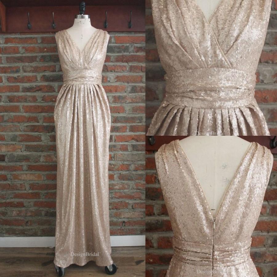 زفاف - Ruched Sequins Long Prom Dress,Full Length Bridesmaid Dress,Double V Neck Sequin Dresses for Wedding,Shining Evening Dress, Pleated Dresses