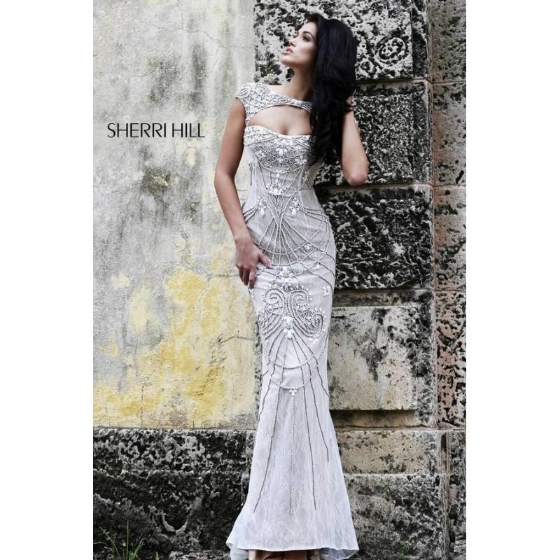 Wedding - Sherri Hill 11180 Beaded Lace Column Dress with Cap Sleeve and Keyhole Back - Crazy Sale Bridal Dresses