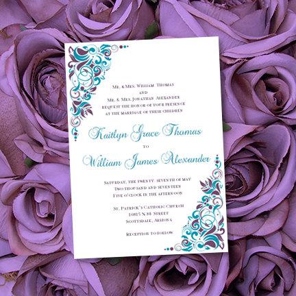 Свадьба - Printable Wedding Invitations "Gianna" Purple & Teal Template Make Your Own Wedding Invitations You Print