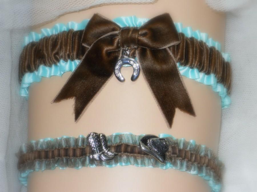 Wedding - Country Western garter set in Aqua Blue Satin and brown velvet with lucky horseshoe charm. Toss garter included