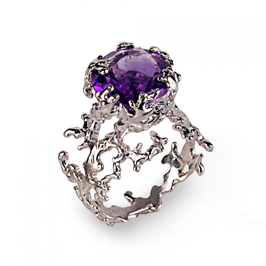 زفاف - CORAL Amethyst Engagement Ring, Statement Ring, Large Amethyst Ring, Silver Amethyst Ring, Birthstone Ring, Gift for Her
