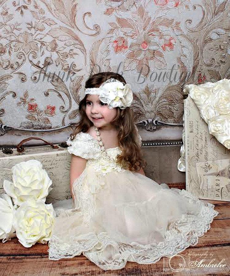 Wedding - 4 Pcs flower girl dress, Rustic flower girl dresses, lace baby dresses, christening dress,Ivory tulle lace dress, Country flower girl dress