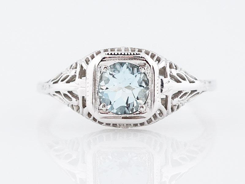 زفاف - Antique Engagement Ring Art Deco .44 Round Cut Aquamarine in 18k White Gold