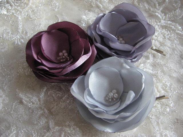 Purple Hair Flower Grey Bridal Flower Purple Hair Clips Grey